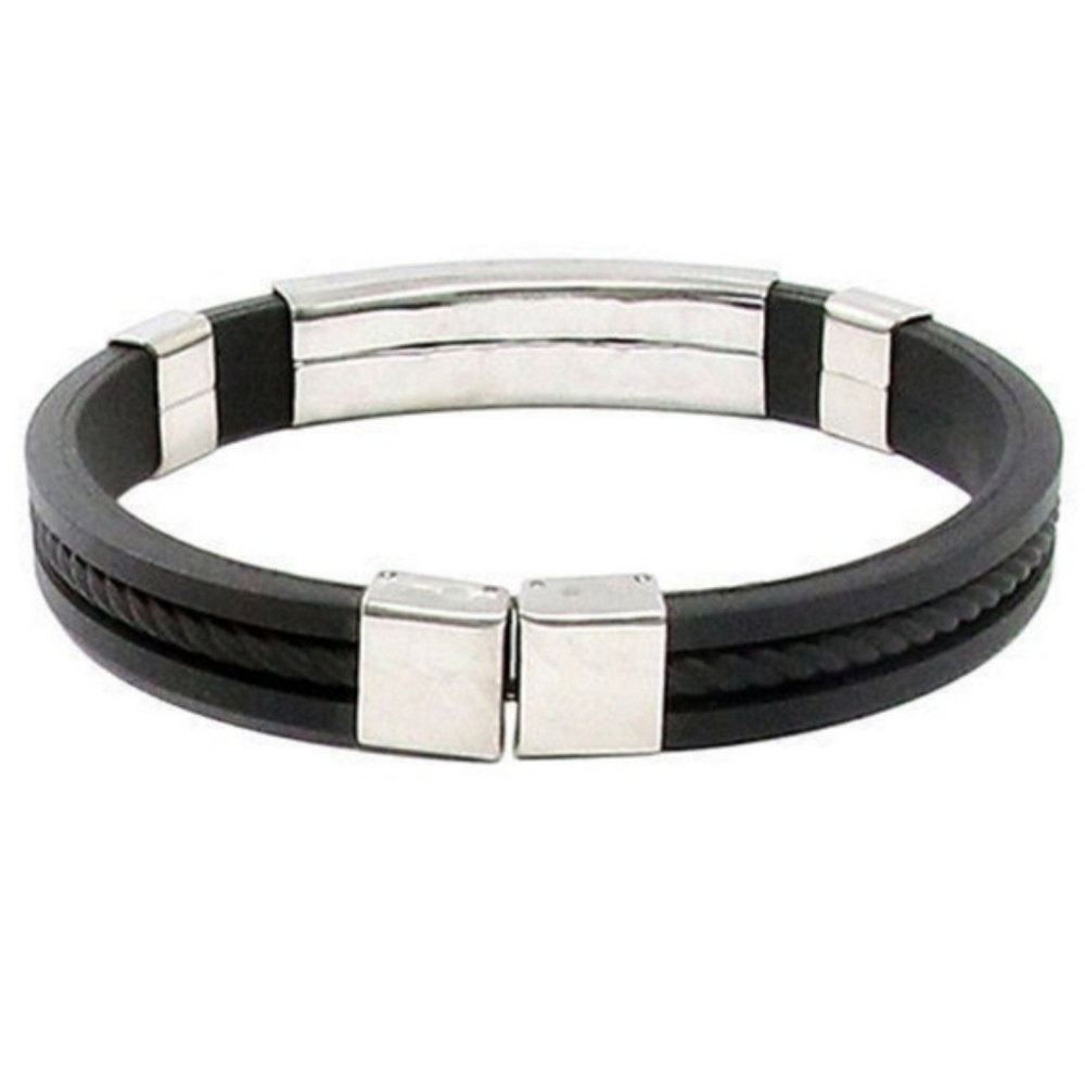 Men's Black Vegan Leather Stainless Steel Bracelet - Picture 3 of 6